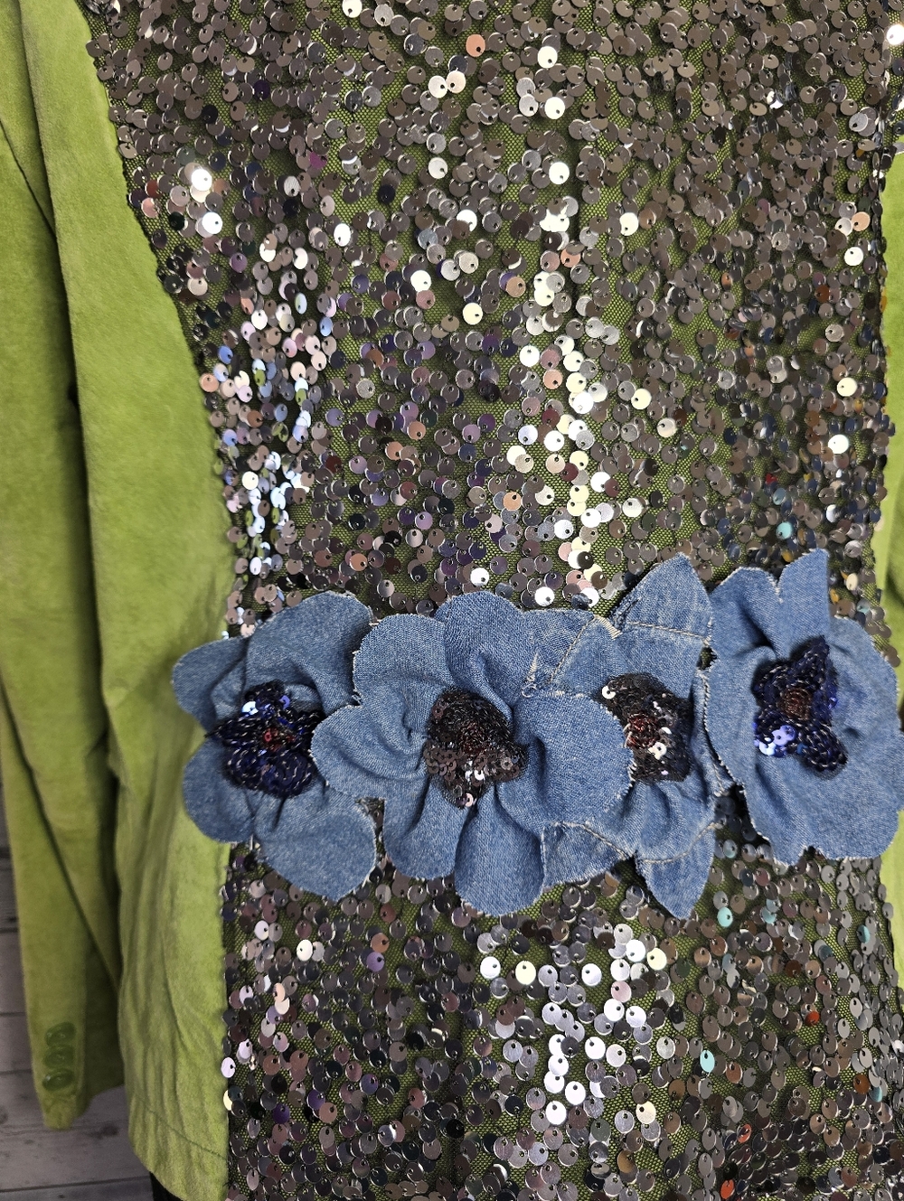 Vtg Handmade Green Suede Embellished Sequin Denim Flower Detail Blazer Jacket - Picture 6 of 7
